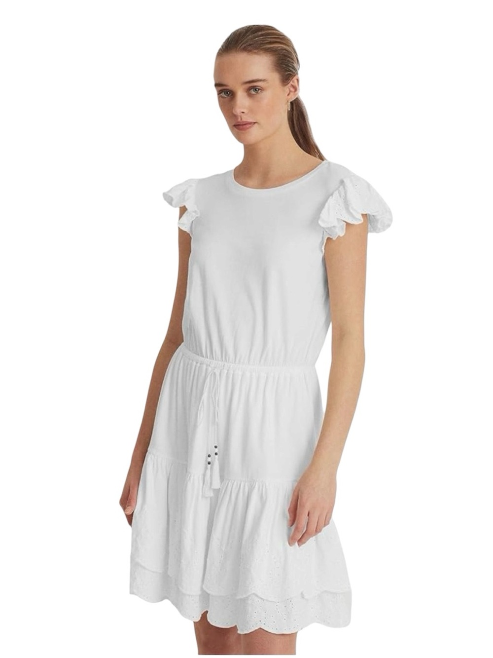 Lauren Ralph Lauren Women’s White Cotton Blend Eyelet Jersey Dress